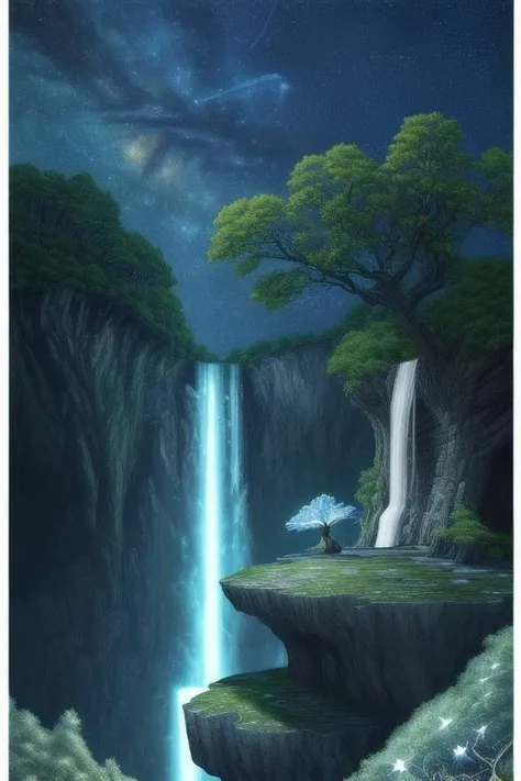 scenery, sky, waterfall, no humans, (star:1.47) (sky), night, moon, tree, water, outdoors, cloud, (star:1.47)ry sky, night sky, fantasy, cliff, full moon, a painting of a waterfall in a rocky landscape with a tree and a planet in the background concept art, digital art, highly detailed, intricate, sharp focus, trending on artstation