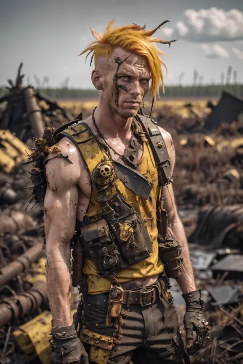 photograph, cinematic color grading, post apocalyptic, scrap metal, tattered clothes, man, rugged, solo, yellow and peach hair, Side Part, secretary, American, noon, scenery, in a Fantasy Peat Bog<lora:EnvyWastelandWarriorXL01:0.85>