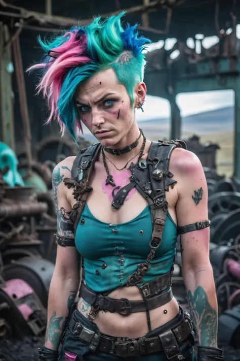 photograph, cinematic color grading, post apocalyptic, scrap metal, tattered clothes, man, rugged, solo, blue-green and pink hair, Pompadour, succubus, Faroese, brightly lit interior, in a Country Geothermal springs<lora:EnvyWastelandWarriorXL01:0.85>