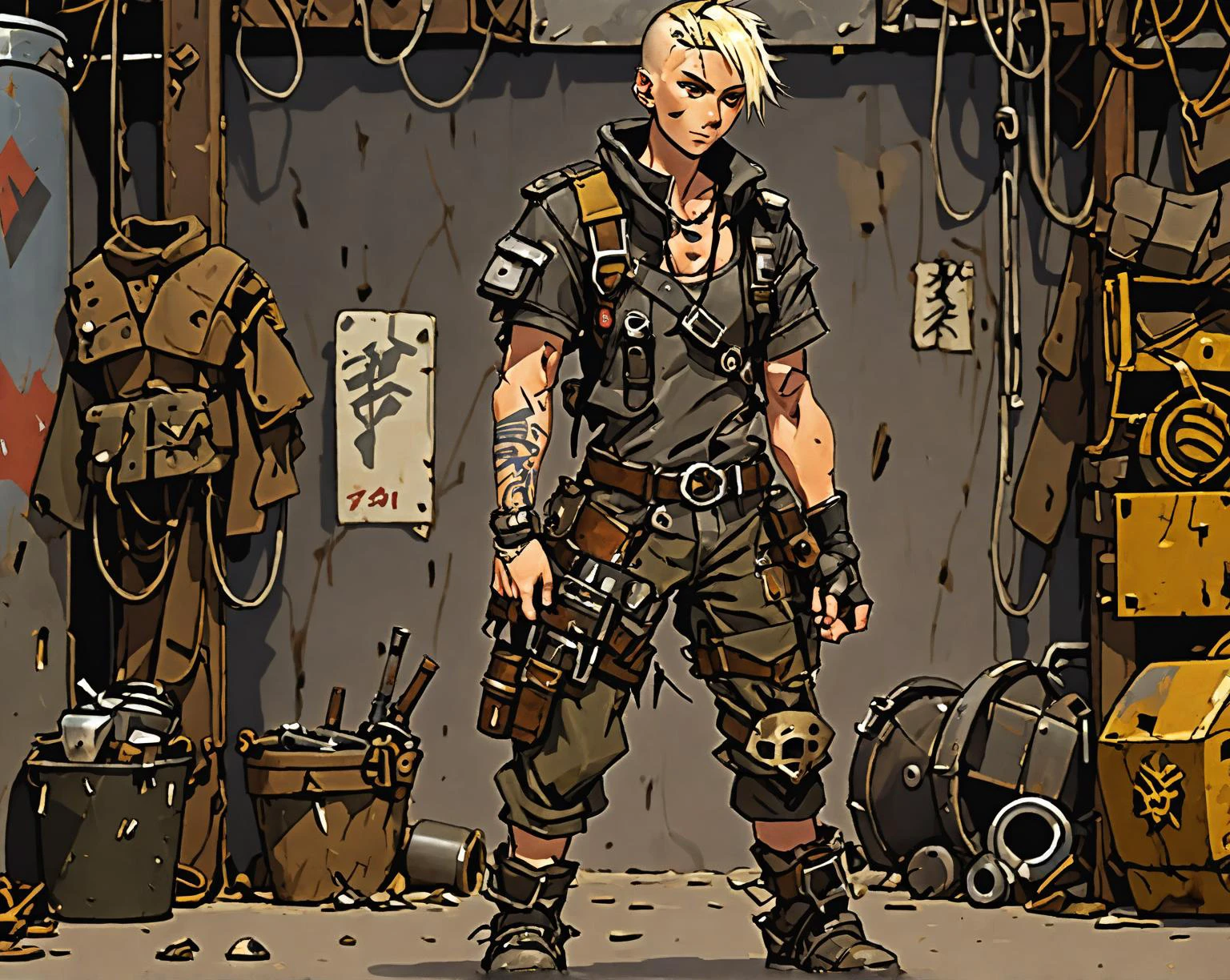 Wearing postapocalytic tattered and rugged clothes, A (anime style image:1.4) of full-length portrait, male Swedish Human Rigger,Pewter cloth,short sleeves, tattoo,Dirty blonde Buzz Cut, made of scrap metal