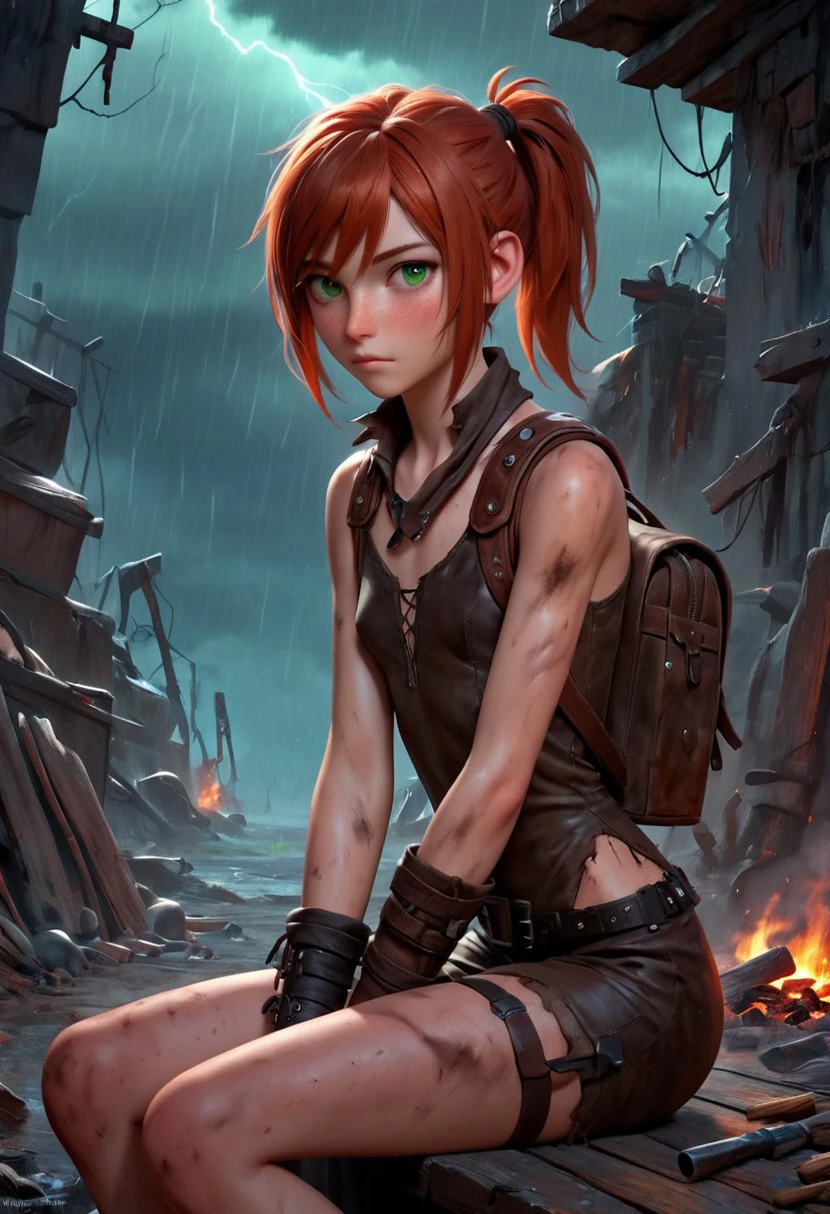 Masterpiece, 4k, ultra high detail, score_9, score_8_up, score_8, 18yo, petite, small breast size, red_orange wild ponytail hair, fcNeg, stunning emerald green eyes, freckles, white skin, small nose, innocent beauty, slim face, skinny petite body,
Warm Wasteland clothes made from metal and leather scrap, used leather chest clothes, wild warm clothes for cold season, long warm fur coat over shoulders, warm dirty fur cape, dirty clothes, protective clothes against cold, closed clothes, closed chest pieces,
Light body-hugging leather armor without shoulder armor,
Armed with a thin spear,
Sideview, post Apocalyptic, inside old rusty industrial ruins, inside a storage,
Sitting at Little campfire, backpack in near, dark night,
Huge Storm in distance with lightning, NightScapes,
Thunderstorm, heavy-rain, hidden under a ledge,