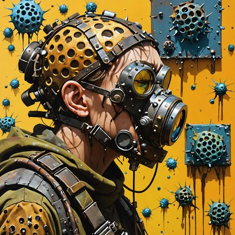 Wearing postapocalytic rugged and tattered clothes, A (painting:1.4) of an image by Katharina Grosse of ameba viewed in a microscope, Trypophobia, made of scrap metal
