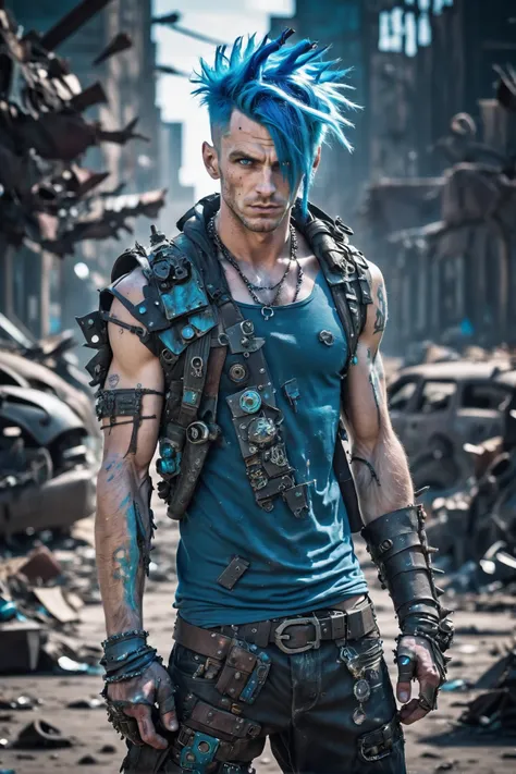 photograph, cinematic color grading, post apocalyptic, scrap metal, tattered clothes, man, rugged, solo, sparkling azure hair, Taper Fade, Russian, whimsical,amazing fantasy megacity outside of the multiverse<lora:EnvyWastelandWarriorXL01:0.85>