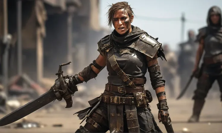 Wearing postapocalytic tattered and rugged clothes, A (photograph:1.4) of A warrior nun is wearing Iron gray ornate robes, light armor, a sword, and a shield. A highly dynamic combat action pose, fiercely fighting an opponent., made of scrap metal