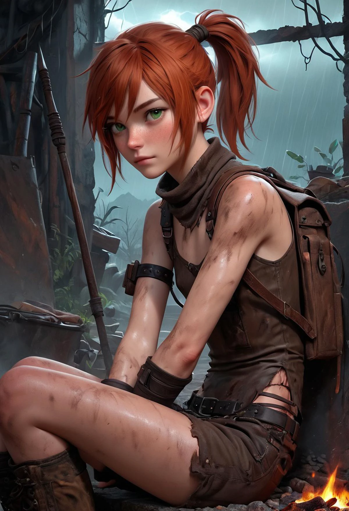Masterpiece, 4k, ultra high detail, score_9, score_8_up, score_8, 18yo, petite, small breast size, red_orange wild ponytail hair, fcNeg, stunning emerald green eyes, freckles, white skin, small nose, innocent beauty, slim face, skinny petite body,
Warm Wasteland clothes made from metal and leather scrap, used leather chest clothes, wild warm clothes for cold season, long warm fur coat over shoulders, warm dirty fur cape, dirty clothes, protective clothes against cold, closed clothes, closed chest pieces,
Light body-hugging leather armor without shoulder armor,
Armed with a thin spear,
Sideview, post Apocalyptic, inside old rusty industrial ruins, inside a storage,
Sitting at Little campfire, backpack in near, dark night,
Huge Storm in distance with lightning, NightScapes,
Thunderstorm, heavy-rain, hidden under a ledge,