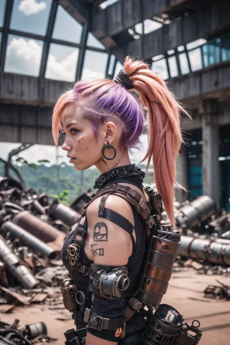 photograph, cinematic color grading, post apocalyptic, scrap metal, woman, solo, peach and ultraviolet hair, Bubble Ponytail,  Malaysian, noon, architecture, Pearly airport in a Tropical Dry Forest<lora:EnvyWastelandWarriorXL01:0.85>