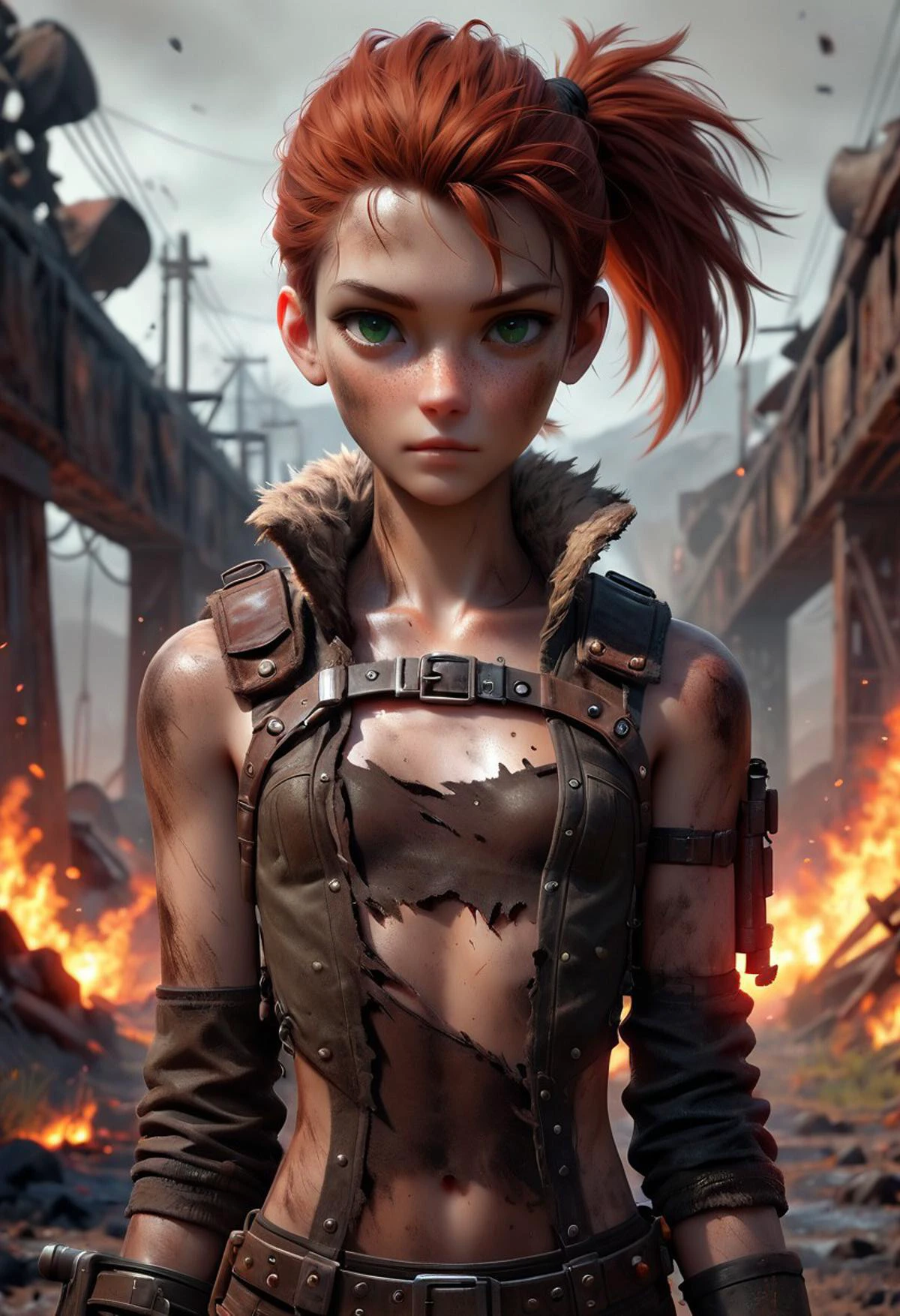 Masterpiece, 4k, ultra high detail, score_9, score_8_up, score_8, 18yo, petite, small breast size, red_orange wild ponytail hair, fcNeg, stunning emerald green eyes, freckles, white skin, small nose, innocent beauty, slim face, skinny petite body,
Warm Wasteland clothes made from metal and leather scrap, used leather chest clothes, wild warm clothes for cold season, long warm fur coat over shoulders, warm dirty fur cape, dirty clothes, wasteland warrior, protective_clothes_against_cold, closed_clothes, closed_chest_pieces,
Light body-hugging leather armor without shoulder armor, alarmed,
Armed with a thin spear,
Red dust everywhere, on a steel bridge over dark dirty water, Rusty steel bridge, burning inferno,