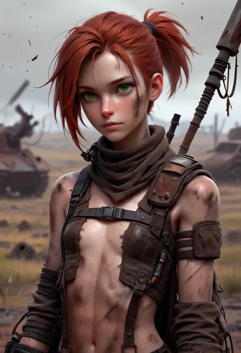 Masterpiece, 4k, ultra high detail, score_9, score_8_up, score_8, 18yo, petite, small breast size, red_orange wild ponytail hair, fcNeg, stunning emerald green eyes, freckles, white skin, small nose, innocent beauty, slim face, skinny petite body,
Warm Wasteland clothes made from metal and leather scrap, used leather chest clothes, wild warm clothes for cold season, long warm fur coat over shoulders, warm dirty fur cape, dirty clothes, wasteland warrior, protective_clothes_against_cold, closed_clothes, closed_chest_pieces,
Light body-hugging leather armor without shoulder armor, alarmed,
Armed with a thin spear,
Red dust in the air, strange fungus field, respiratory protection in front of the mouth,