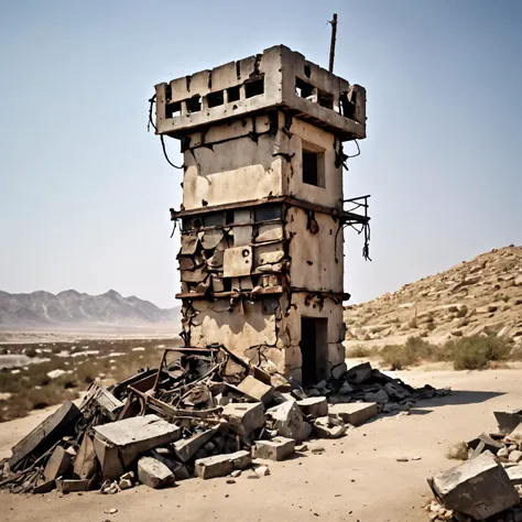 Wearing postapocalytic tattered and rugged clothes, A (photograph:1.4) of an ethereal Greek Warm watchtower in desolate condition in a spring Hot desert landscape, highly detailed stone texture, intricate masonry, made of scrap metal