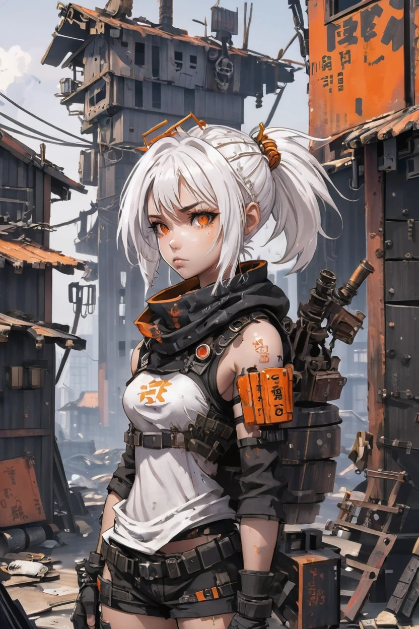 anime style, post apocalyptic, scrap metal, 1girl, solo, white hair with orange highlights, antenna hair, (asian:1.3), morning, architecture, cabin in a shanty city<lora:wasteland_warrior2_last:-4:-4:lbw=LYCO_OUTALL>