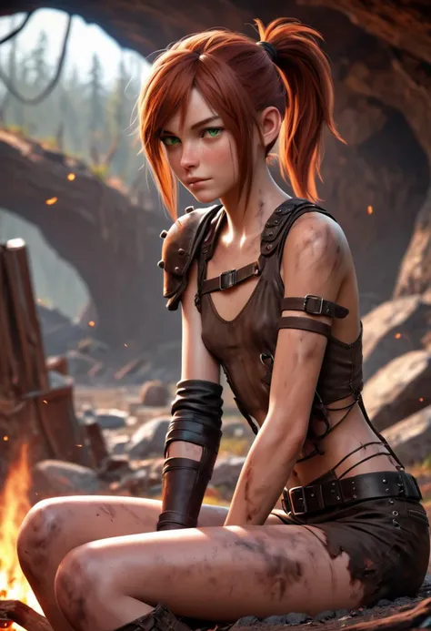 Masterpiece, 4k, ultra high detail, score_9, score_8_up, score_8, 18yo, petite, small breast size, red_orange wild ponytail hair, fcNeg, stunning emerald green eyes, freckles, white skin, small nose, innocent beauty, slim face,  skinny petite body, 
Warm Wasteland clothes made from metal and leather scrap, used leather chest clothes, wild warm clothes for cold season, long warm fur coat over shoulders, warm dirty fur cape, dirty clothes, protective clothes against cold, closed clothes, closed chest pieces, 
Light body-hugging leather armor without shoulder armor, 
Armed with a thin spear, 
Inside a cave,  though narrow breakthrough, 
Sideview, post Apocalyptic, 
Sitting at Little campfire,