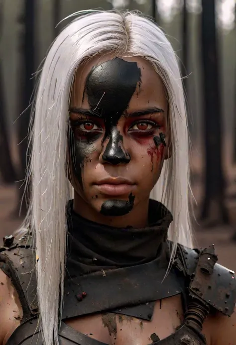 8K portrait of a young black woman, long straight white hair, deep scarlet eyes, slim, dirt on face, wasteland armor, black paint over eyes,
detailed, masterpiece, high resolution,
natural daylight, detailed background forest,