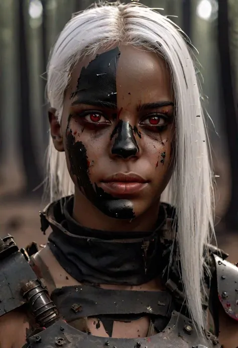 8K portrait of a young black woman, long straight white hair, deep scarlet eyes, slim, wasteland armor, black paint over eyes,
detailed, masterpiece, high resolution,
natural daylight, detailed background forest,