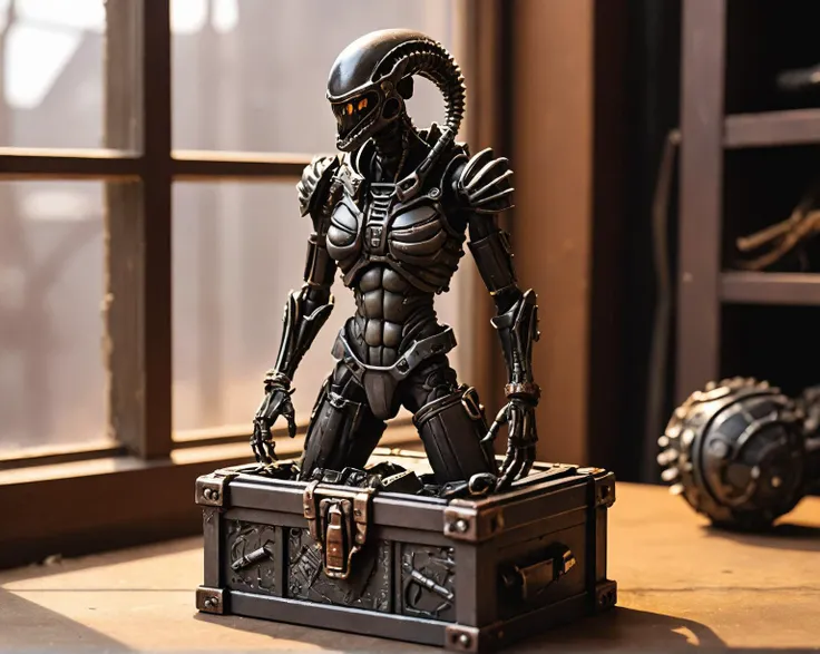 Wearing postapocalytic rugged clothes, A (comic style image:1.4) of An intricate and beautiful Slate Gray sci-fi xenomorph figurine is popping out of an open mahogany jewelry box. The shimmering and refracting armor glows in the light from a dusty window. H.P. Lovecraft made the polished figurine standing in a ballet pose., made of scrap metal