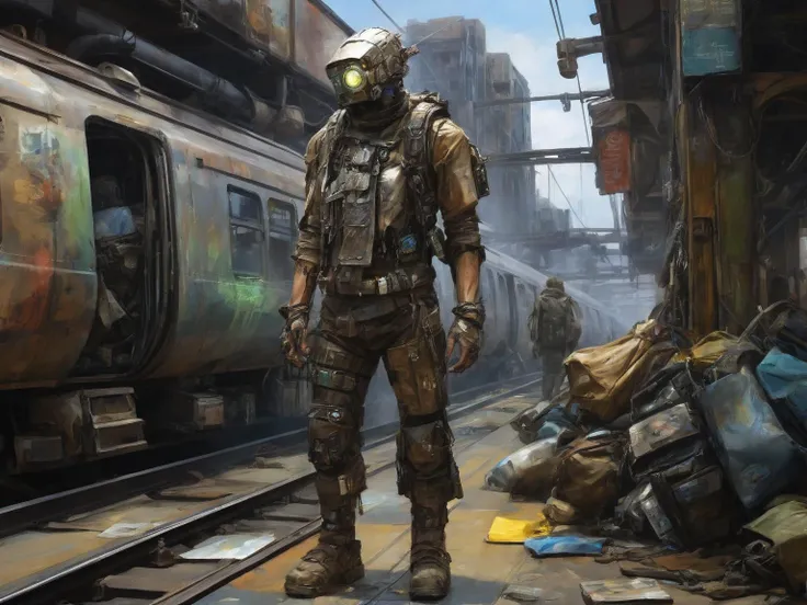 Wearing postapocalytic rugged clothes, A (painting:1.4) of A biomechanical android commuter standing at the futuristic Sci-Fi train stop waiting impatiently. Shopping bags with holographic commercials full of clothes stand scattered around them. Their body is covered with graffiti., made of scrap metal