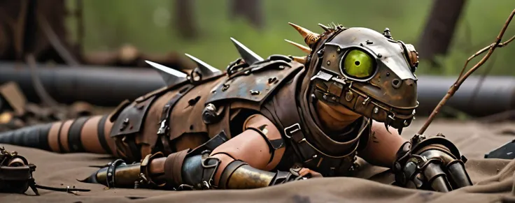 Wearing postapocalytic rugged clothes, A (photograph:1.4) of A handsome female lizard wearing paladin armor lying on a sheet in a clearing. A humanoid hybrid creature., made of scrap metal