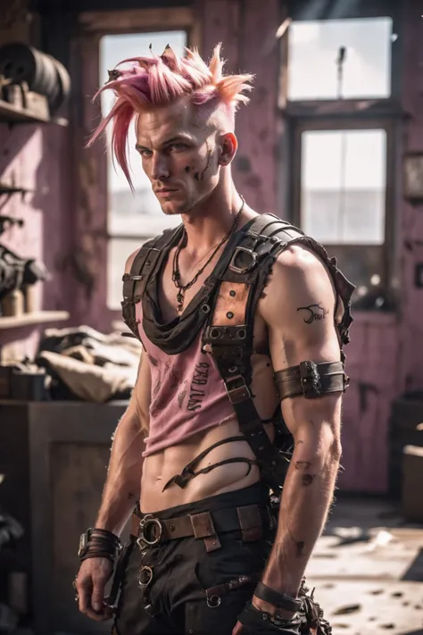 photograph, cinematic color grading, post apocalyptic, scrap metal, tattered clothes, man, rugged, solo, radiant pink and peach hair, Slicked Back, shadowdancer, Bermudian, natural sunlight, interior, in a Airy Perfumery<lora:EnvyWastelandWarriorXL01:0.85>