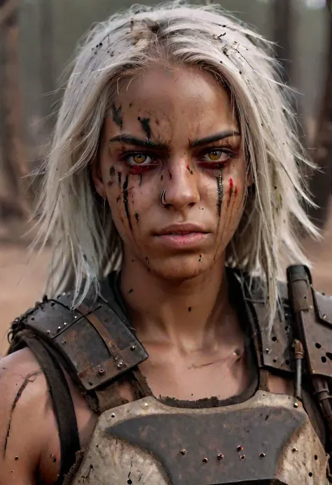 8K portrait of a young black woman, long straight white hair, deep scarlet eyes, slim, dirt on face, wasteland armor, Angry
detailed, masterpiece, high resolution,
natural daylight, detailed background forest,