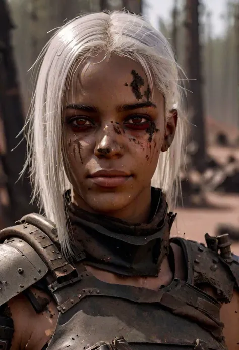 8K portrait of a young black woman, long straight white hair, deep scarlet eyes, slim, dirt on face, wasteland armor, smirk,
detailed, masterpiece, high resolution,
natural daylight, detailed background forest,