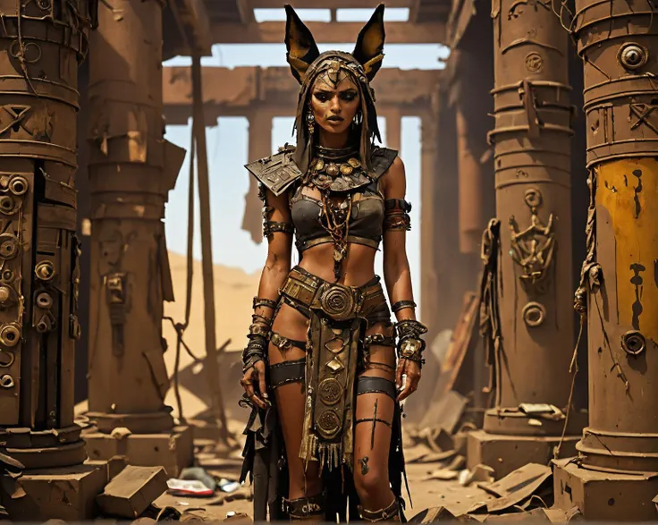 Wearing postapocalytic rugged and tattered clothes, A (painting:1.4) of a demonic Egyptian priestess of Anubis standing in an ancient temple wearing intricate ornamented ornate robes, made of scrap metal