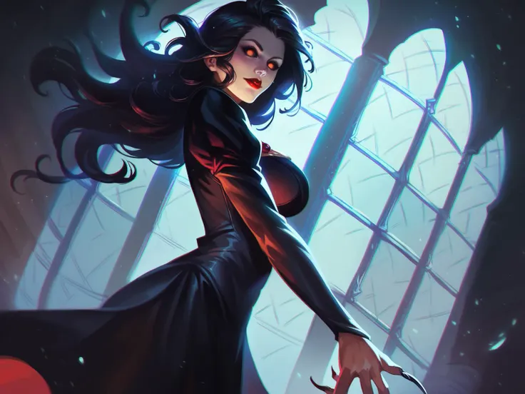 score_8_up, score_7_up, beautiful vampire queen girl standing in dark, black hair, no pupils, no sclera, red lips, ornate black dress, sharp fingernails, castle interior, indoors, moonlight, particles, night, dark scene, fantasy, <lora:sxz-smite-smol-pdxl:0.8> smite style, chromatic aberration, realistic