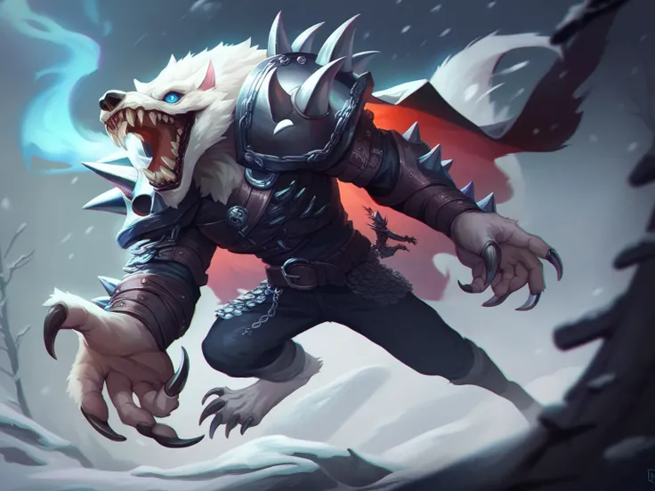 score_8_up, score_7_up, big strong werewolf death knight, glowing blue eyes, eye trail, white fur, paws, ahrp teeth, sharp fingernails, heavy armor with spikes, chainmail, belt, big shoulder pads with skull emblem, cape, winter, snow, fantasy, dynamic angle, full body, <lora:sxz-smite-smol-pdxl:0.8> smite style, chromatic aberration, realistic