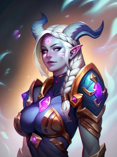 score_8_up, score_7_up, portrait of beautiful lightforged draenei paladin girl, long white hair, single braid, heavy armor with purple gems, big shoulder pads, grey skin, ornate horns, glowing rune on forehead, big breasts, fantasy, <lora:sxz-smite-smol-pdxl:0.8> smite style, chromatic aberration, realistic,