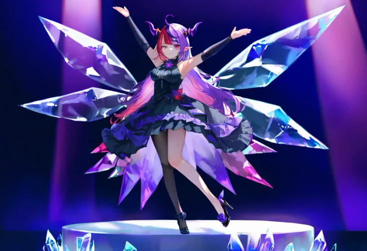 source_anime, score_9, score_8_up,
1girl, irys (hololive), virtual youtuber, dress flower, horns, high heels, dancing, pointy ears, black pantyhose, purple hair, red hair, full body, elbow gloves, heterochromia, crystal wings, standing, purple eyes, single leg pantyhose, breasts, black footwear, multicolored hair, frills, skirt