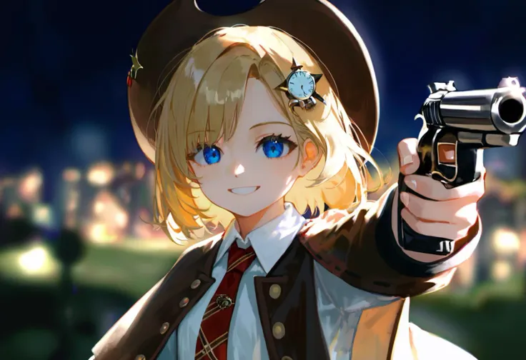 source_anime, score_9, score_8_up,
1girl, virtual youtuber, watson amelia (1st costume), blonde hair, unworn hat, holding gun, blue eyes, pocket watch, aiming at viewer, hair ornament, holding weapon, handgun, bob cut, white shirt, blurry background, necktie, coat, upper body, capelet, smile, looking at viewer, medium hair, unworn headwear, night, revolver, deerstalker, long sleeves, monocle