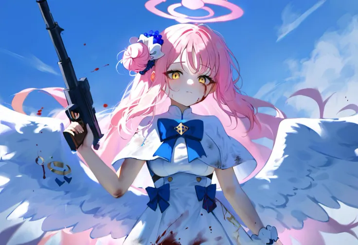 source_anime, score_9, score_8_up,
1girl, mika (blue archive), holding weapon, white wings, pink hair, pink halo, holding gun, white dress, blue bow, hair bun, yellow eyes, single side bun, sleeveless dress, capelet, feathered wings, low wings, medium breasts, injury, angel wings, hair ornament, blood on face, hair flower, multicolored hair, blood on clothes, scrunchie, submachine gun, dirty, closed mouth, torn clothes