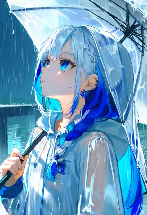 source_anime, score_9, score_8_up,
1girl, virtual youtuber, holding umbrella, looking up, blue eyes, long hair, rain, multicolored hair, white hair, blue hair, raincoat, upper body, hood, parted lips, earrings, jewelry, white hoodie, see-through jacket, ear piercing, transparent umbrella, drawstring, braid, two-tone hair