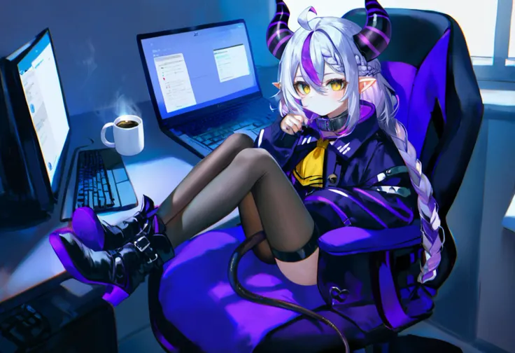 source_anime, score_9, score_8_up,
1girl, la+ darknesss (1st costume), virtual youtuber, demon horns, braid, purple hair, streaked hair, multicolored hair, yellow eyes, cup, ahoge, striped horns, coffee mug, looking at viewer, sitting, mouse (computer), monitor, pointy ears, boots, grey hair, window, tail, black horns, indoors, single leg pantyhose, long sleeves, demon girl, yellow ascot, swivel chair, black footwear, metal collar, nail polish, sleeves past wrists, hair between eyes, full body, laptop, keyboard (computer), purple nails, single thighhigh, coat, thighhighs