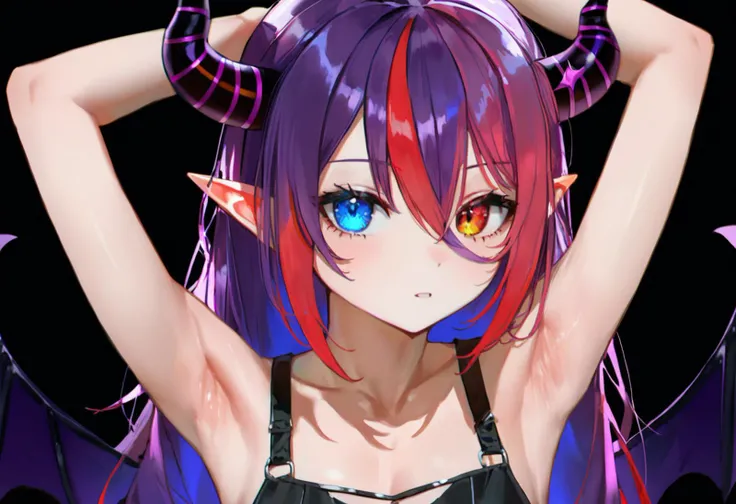 source_anime, score_9, score_8_up,
1girl, virtual youtuber, irys (hololive), demon horns, heterochromia, long hair, pointy ears, purple hair, looking at viewer, red hair, blue eyes, wings, multicolored hair, parted lips, hair between eyes, black background, armpits, streaked hair, arms up, collarbone, portrait