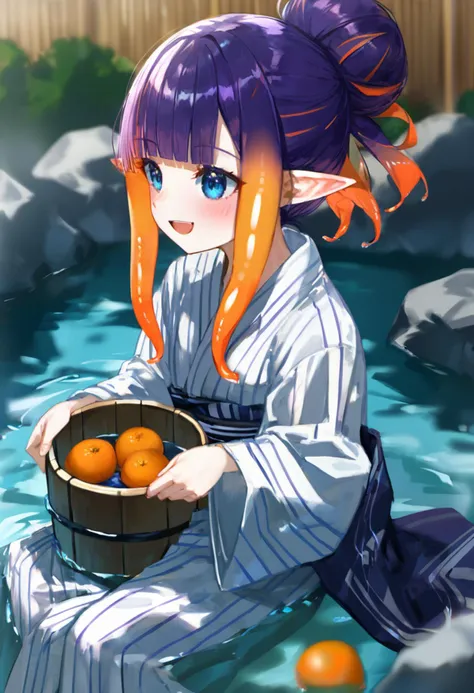 source_anime, score_9, score_8_up,
1girl, virtual youtuber, takodachi (ninomae ina'nis), pointy ears, wooden bucket, sidelocks, purple hair, fruit, japanese clothes, food, orange hair, sitting, multicolored hair, gradient hair, single hair bun, white kimono, tentacle hair, water, soaking feet, outdoors, blue eyes, long hair, open mouth, yukata, blush, alternate costume, onsen, striped clothes, smile, blunt bangs, blurry, rock