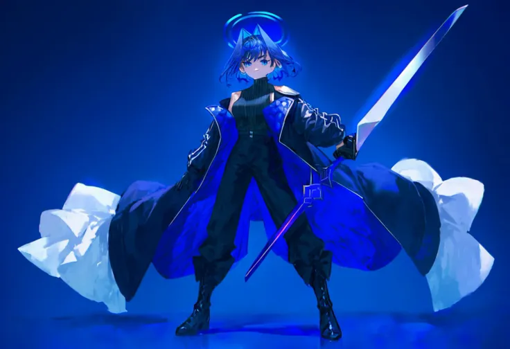source_anime, score_9, score_8_up,
ouro kronii, virtual youtuber, black gloves, 1girl, holding sword, blue eyes, holding weapon, black pants, blue hair, short hair, coat, boots, alternate costume, black footwear, hair intakes, cosplay, halo, jacket, full body