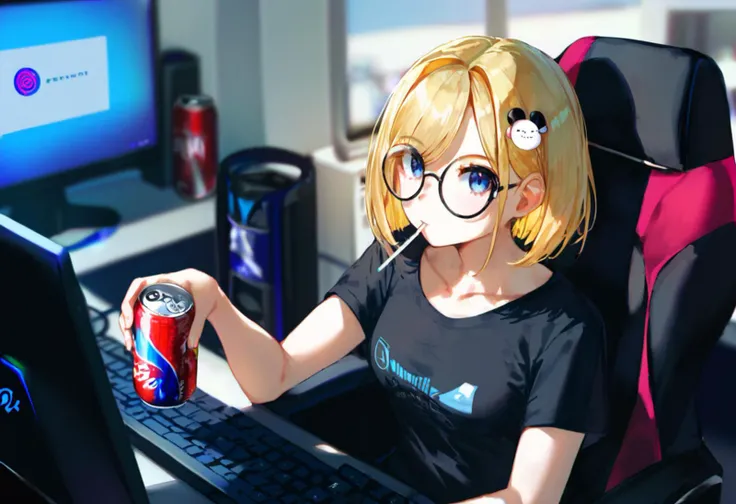 source_anime, score_9, score_8_up,
1girl, virtual youtuber, bubba (watson amelia), keyboard (computer), blonde hair, hair ornament, drink can, blue eyes, glasses, mouse (computer), t-shirt, round eyewear, swivel chair, bob cut, monitor, gaming chair, energy drink, jacket on shoulders, sitting, collarbone, short hair, indoors, alternate costume, office chair, upper body, drinking straw, soda can, black shirt, looking at viewer, lighter, blurry background, mouth hold, breasts, holding