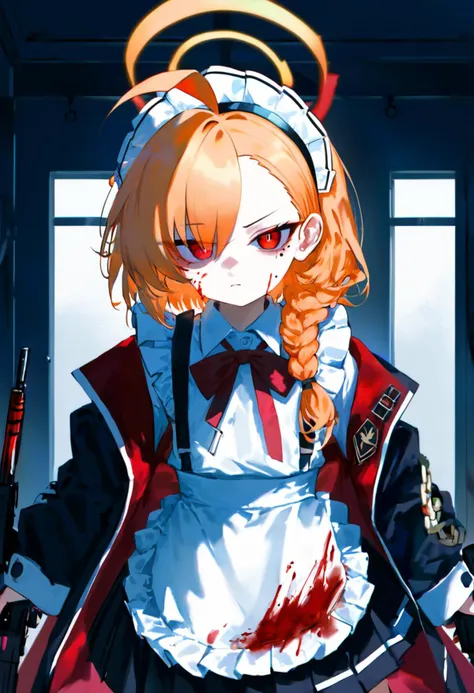 source_anime, score_9, score_8_up,
1girl, neru (blue archive), maid headdress, holding gun, red eyes, holding weapon, open jacket, pleated skirt, halo, chain, blood on face, huge ahoge, single braid, white shirt, white apron, looking at viewer, sukajan, blood on clothes, dual wielding, mole under eye, asymmetrical bangs, center frills, orange hair, black skirt, indoors, open clothes, injury, feet out of frame, long sleeves, frilled apron, sig sauer, submachine gun, collared shirt, waist apron, standing