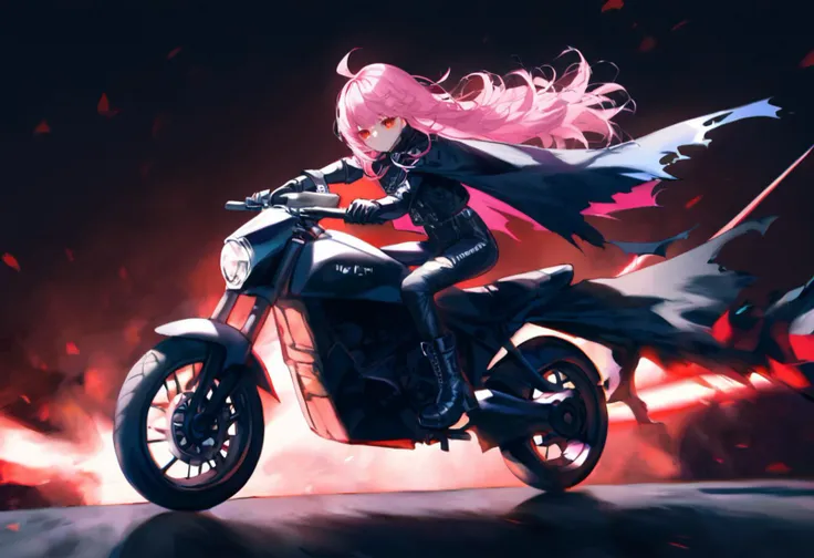 source_anime, score_9, score_8_up,
1girl, on motorcycle, mori calliope, virtual youtuber, motor vehicle, long hair, pink hair, biker clothes, red eyes, boots, holding scythe, holding weapon, black footwear, black gloves, black jacket, black pants, alternate costume, riding, torn cape, floating hair, looking at viewer, torn clothes, bodysuit, black cape