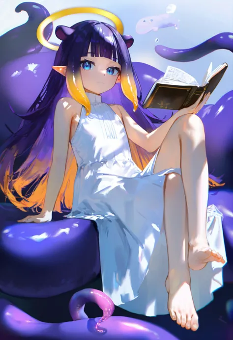 source_anime, score_9, score_8_up,
1girl, virtual youtuber, ninomae ina'nis, purple hair, tentacle hair, barefoot, pointy ears, white dress, halo, multicolored hair, floating object, sidelocks, looking at viewer, orange hair, blunt bangs, gradient hair, sitting, floating book, alternate costume, full body, blue eyes, knee up, feet, toes, closed mouth, bare shoulders