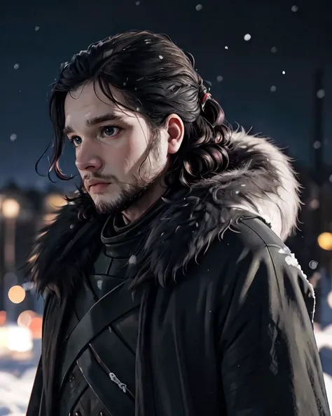 <lora:jonsnow:0.6>, jonsnow, 1man, fur collar, black coat, by night, snow background, lights, upper body