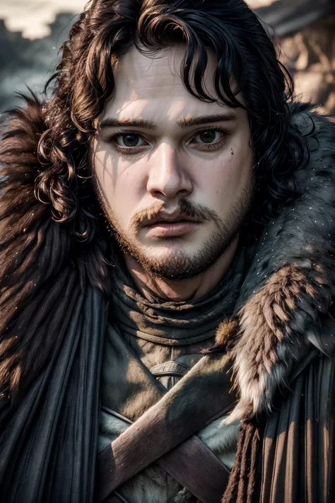 (Masterpiece:1.4), (best quality:1.2), <lora:jonsnow:1>, <lora:more_details:0.7>, jonsnow, 1boy, male focus, beard, very detailed face, fur coat, looking at the viewer