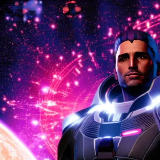 a mystic (wearing a robe), sitting in a glowing and floating circle surrounded by stars and space MassEffectEmbed