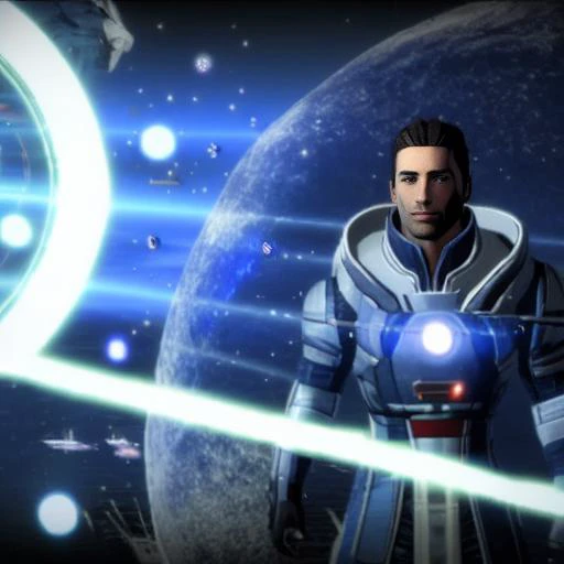 a mystic (wearing a robe), sitting in a glowing and floating circle surrounded by stars and space MassEffectEmbed