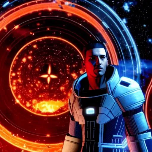 a mystic (wearing a robe), sitting in a glowing and floating circle surrounded by stars and space MassEffectEmbed
