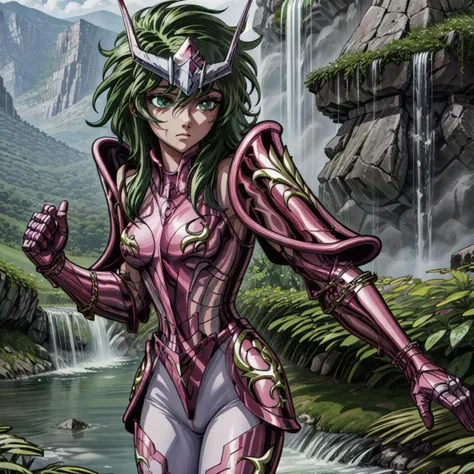 masterpiece, best quality, highres, solo, 1girl, green eyes, detailed background,waterfall,armor, <lora:more_details:0.7>,outdoor ,(medium breasts:1.5) ,pink armor,green hair,<lora:andromeda_final:0.8>,helmet,