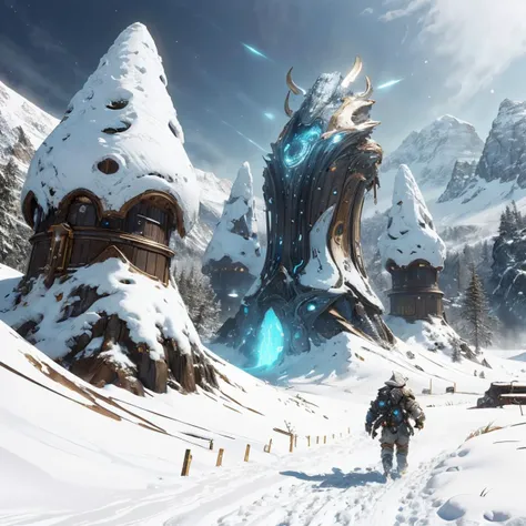 snowy shire in the mountain, <lora:OrokinTech-20:0.9> orokintech, smooth, gold,, raytracing, HDR, edge lit, edge lighting, harshly lit, <lora:epi_noiseoffset2:1>