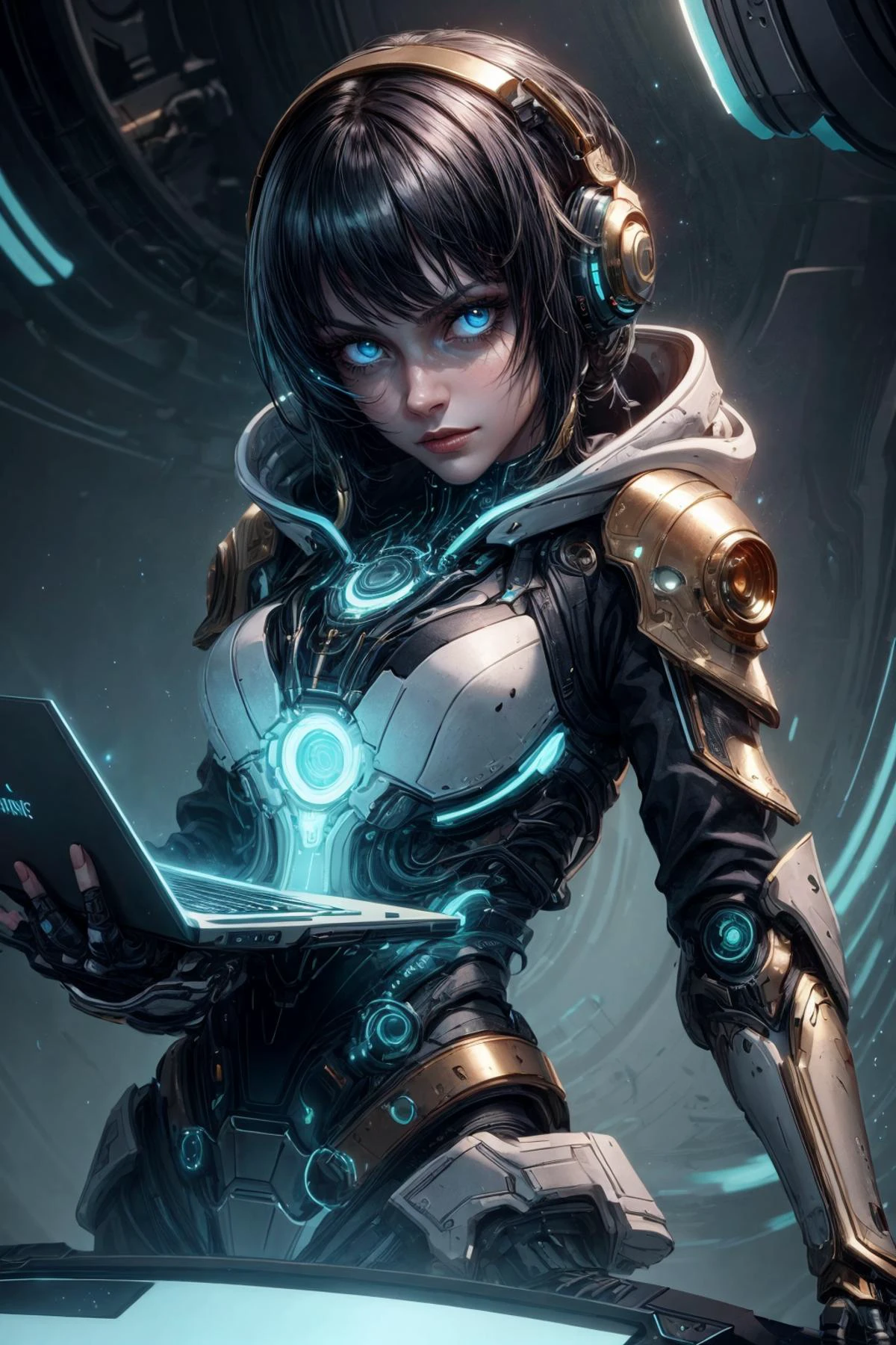 (masterpiece, best quality), aesthetic illustration, game cg cinematic, <lora:add_detail:1>
1 girl, adult spanish woman, grey-blue eyes, dark red razor cut hair,
portrait, looking at viewer, solo, half shot, detailed background, detailed face, (<lora:OrokinTech:0.6>, scifi, smooth, gold, orokintech theme:1.1), high-tech futuristic hacker, sly smirk, cyberpunk aesthetics, hoodie, techwear, fingerless gloves, augmented reality interface, electronics, laptop, decryption, , encryption, cyberspace in background, green lights, espionage, dark sinister atmosphere,
