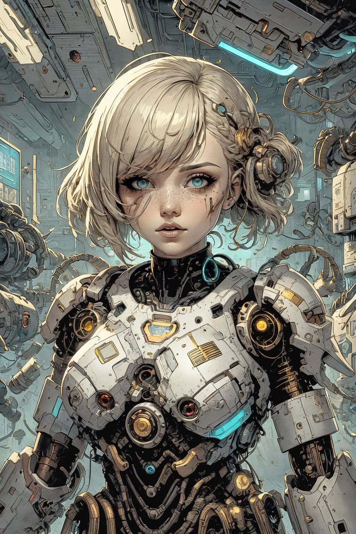 (masterpiece:1), (best quality:1), high contrast, strong shadows, outlines, <lora:graphicNovelStyle_v10:0.2>,
1 girl, adult (elven:0.7) woman, freckles, turquoise eyes, platinum blonde updo hairstyle, ombre,
<lora:GoodHands-beta2:0.8>,
(style-rustmagic:0.8), solo, (full body:0.6), detailed background, detailed face, (<lora:OrokinTech:0.5>, gold, orokintech theme:1.1), starship engineer, futuristic, gloves, , space-suit, dark orange clothes, emergency alarms, , repairs, sparks flying, , energy generator, hovering repair drone in background, glowing ambient lights, cinematic atmosphere,