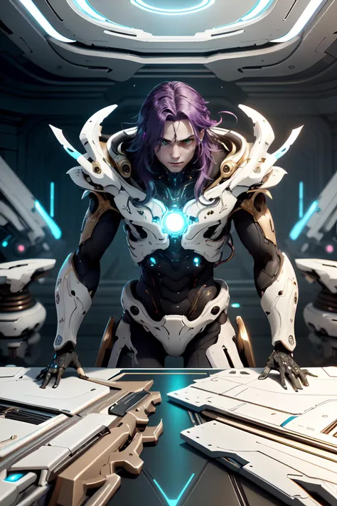 epic movie scenery,epic movie pose,futuristic film artwork,deep color,1boy,green eyes,mole under eye,purple hair,straight_hair,very long hair,smirk,armor,sitting,table,electrical room,flower,vase,orokintech,smooth,gold,scifi,<lora:OrokinTech:1>,(cinematic look:1.3),soothing tones,insane details,hyperdetailed,low contrast,soft cinematic light,dim colors,exposure blend,hdr,faded,finger_biting,