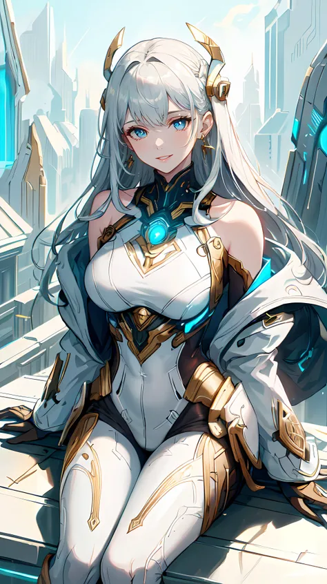 (masterpiece, sidelighting, finely detailed beautiful eyes: 1.2), Masterpiece, best quality, photorealistic, realistic, ultra-detailed, illustration, perfect lighting, ultra high res, high detail, cinematic, 1girl, outdoors, bangs, silver hair, earrings, shirt,jacket, long sleeves, off shoulder, parted lips, solo, Masterpiece, best quality, city,skyscrapers,balcony,sitting, smile, <lora:OrokinTech-20:0.9>, orokintech , smooth , gold, orokintech theme:1.1